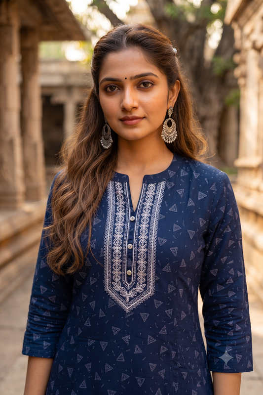 Navy Blue Geometric Print Popcorn Kurti (IB0544)