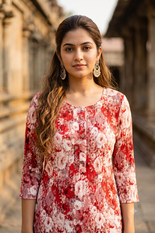 Crimson Red & White Floral Print Popcorn Kurti (IB0545)