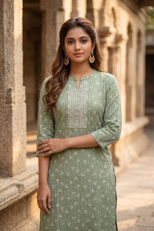 Sage Green Geometric Print Popcorn Kurti (IB0546)
