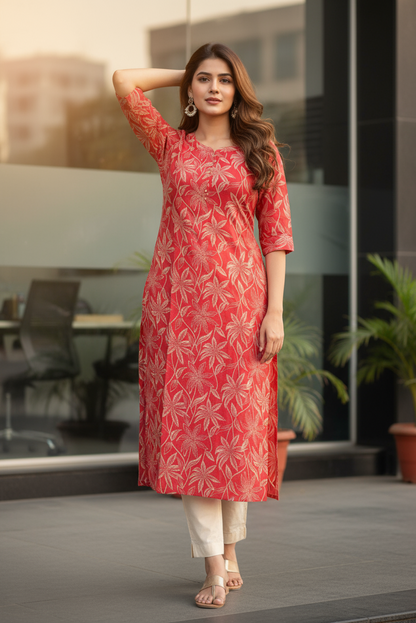Red Floral Gold Print Premium Kurti (IB067)