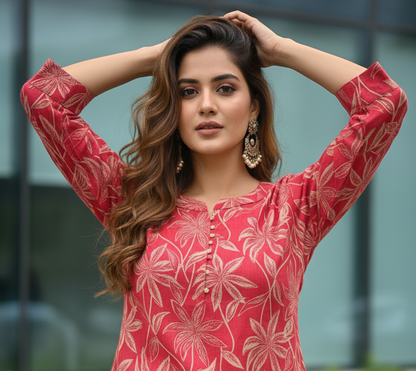 Red Floral Gold Print Premium Kurti (IB067)