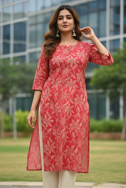 Red Floral Gold Print Premium Kurti (IB067)