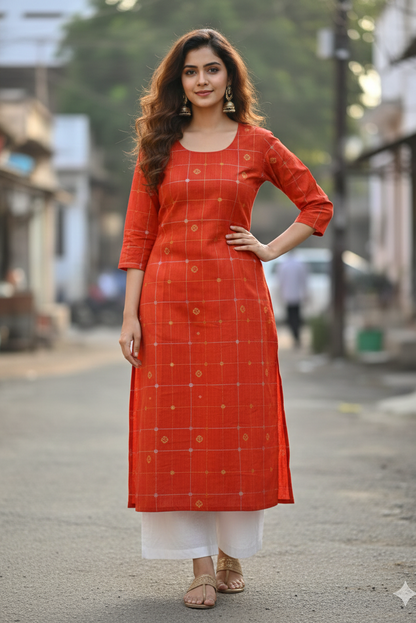 Rust Orange Raw Silk Checked Kurti (IB0164)