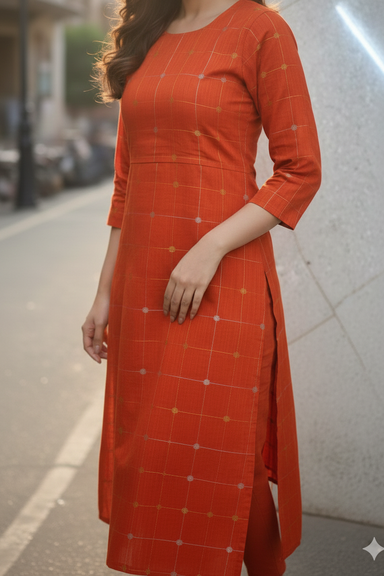 Rust Orange Raw Silk Checked Kurti (IB0164)