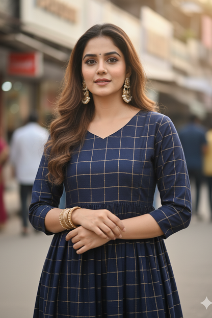 Navy Blue Raw Silk Checked Anarkali Kurti (IB0143)
