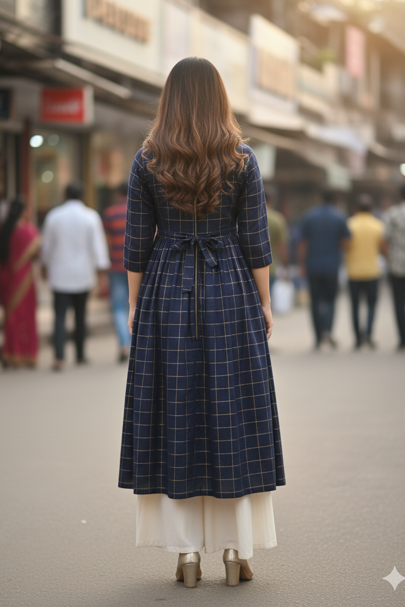 Navy Blue Raw Silk Checked Anarkali Kurti (IB0143)