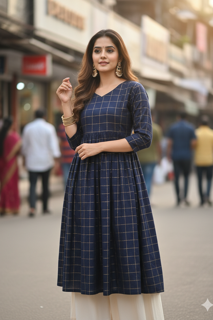 Navy Blue Raw Silk Checked Anarkali Kurti (IB0143)