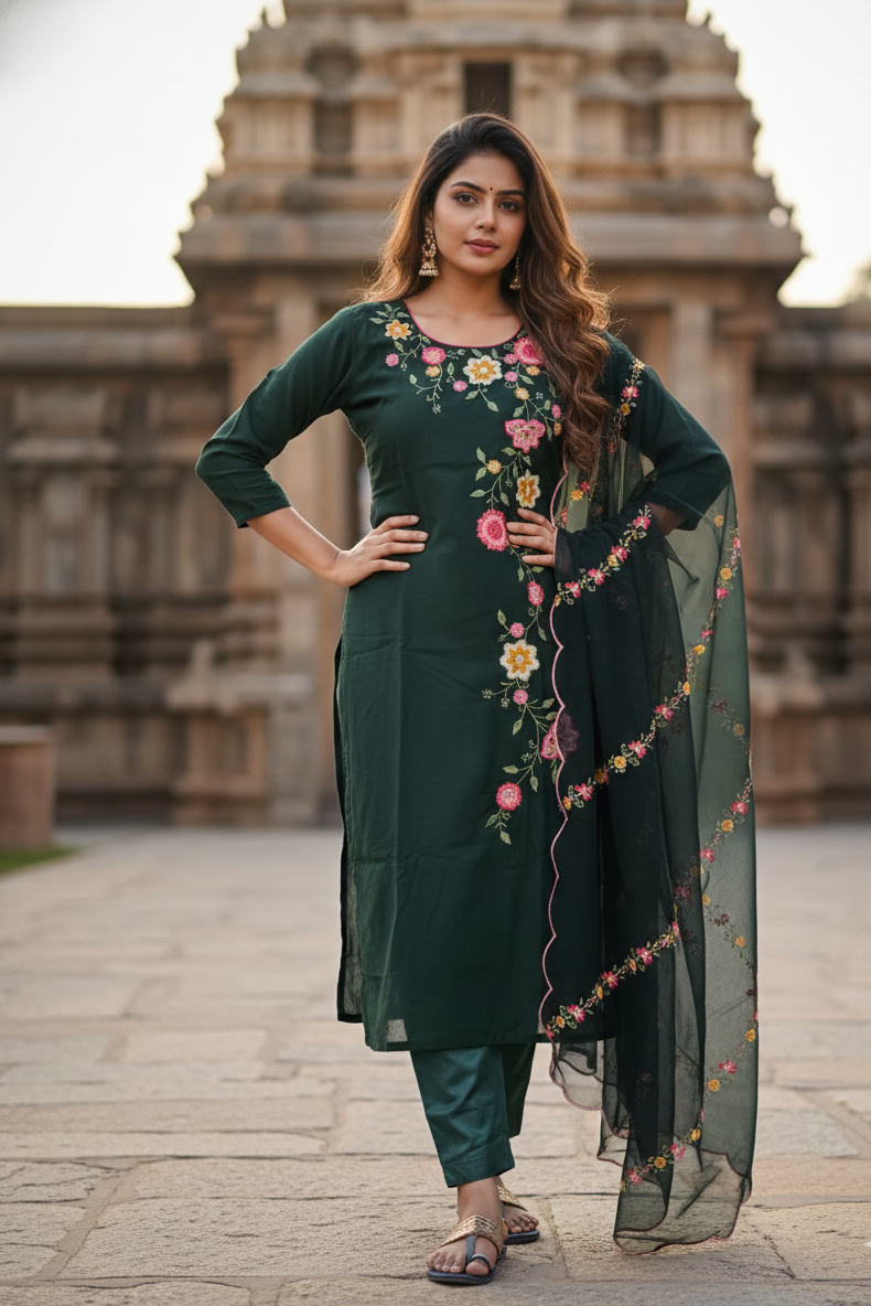 Forest Green Floral Embroidery Salwar Set (IB0275)