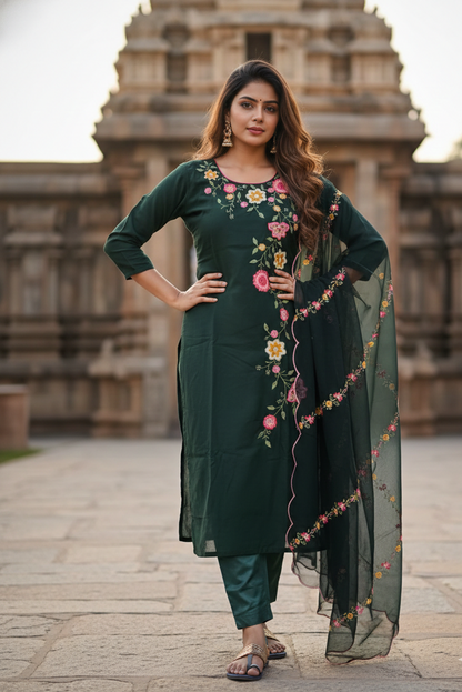 Forest Green Floral Embroidery Salwar Set (IB0275)