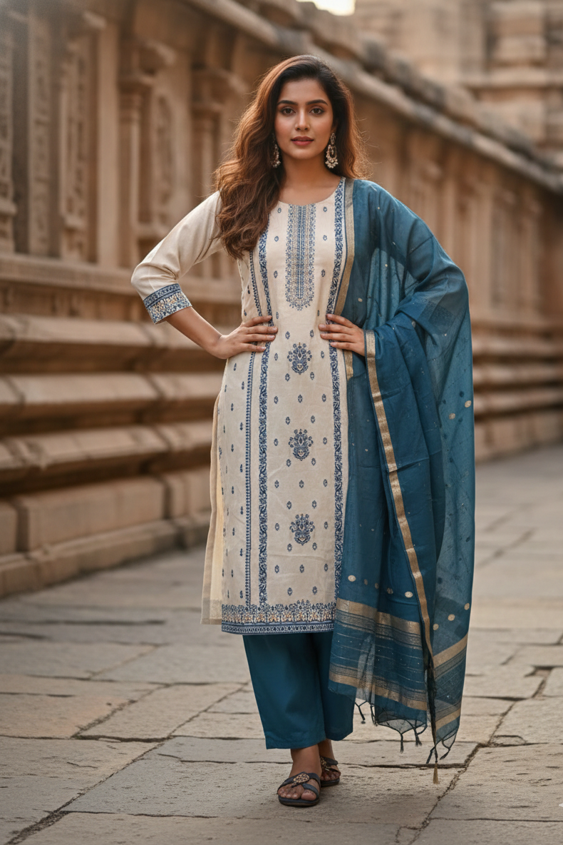 Teal Blue Ethnic Print Salwar Set (IB0277)