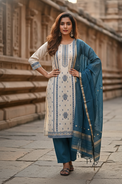 Teal Blue Ethnic Print Salwar Set (IB0277)