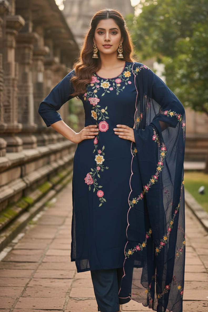 Navy Blue Floral Embroidery Kurta with Scalloped Dupatta (IB0278)