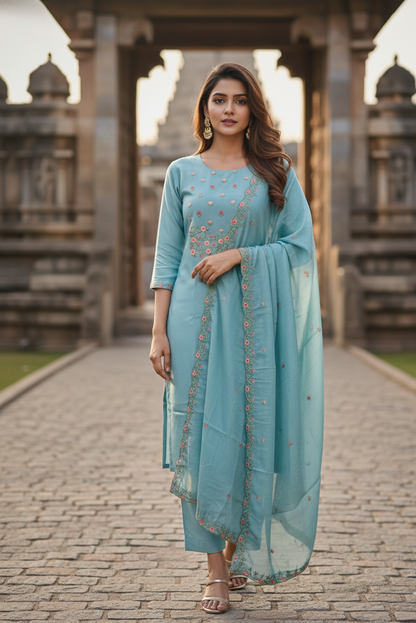 Sky Blue Floral Embroidery Salwar Set (IB0279)