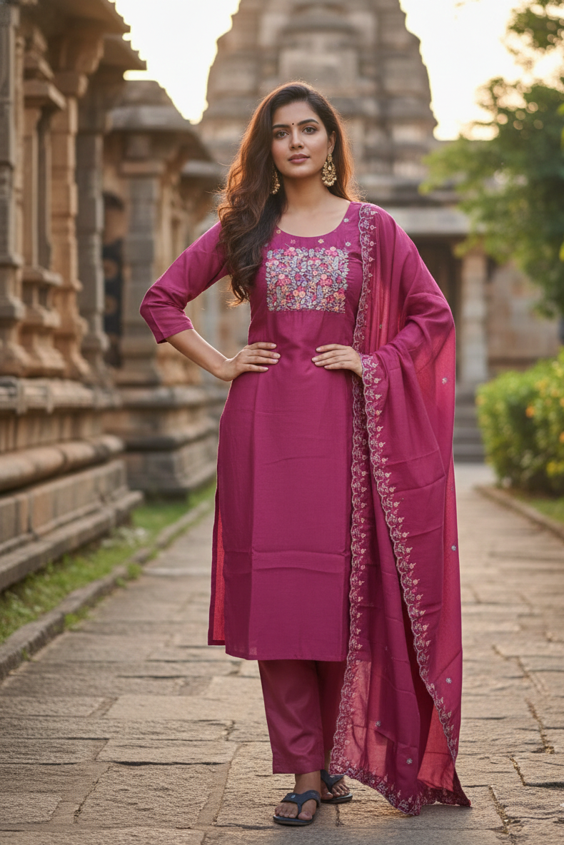 Wine Floral Yoke Embroidery Salwar Set (IB0281)