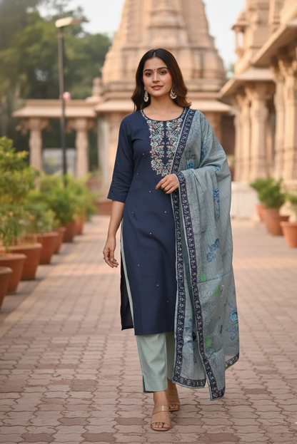 Navy Blue Embroidery Kurti Set with Seafoam Duppatta  (IB0282)