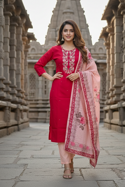 Red Kurta with Peach Floral Dupatta Set (IB0284)