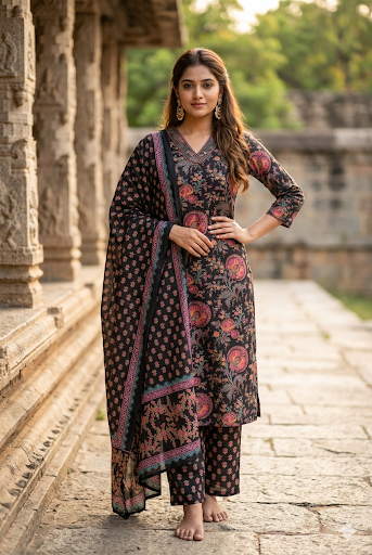 Charcoal Black Floral Printed Matching Pant Salwar Suit Set (IB0527)