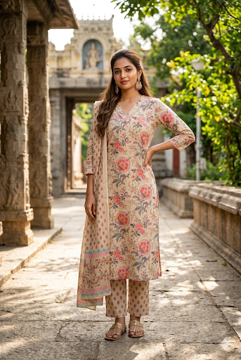 Beige & Coral Pink Floral Print Cotton Salwar Suit Set (IB0528)