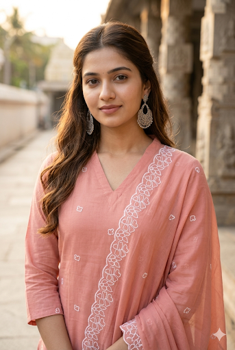 Peach Pink Kurti Set with White Cutwork Embroidery (IB0529)