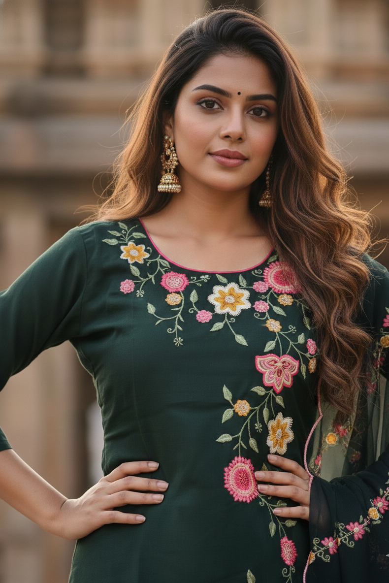 Forest Green Floral Embroidery Salwar Set (IB0275)