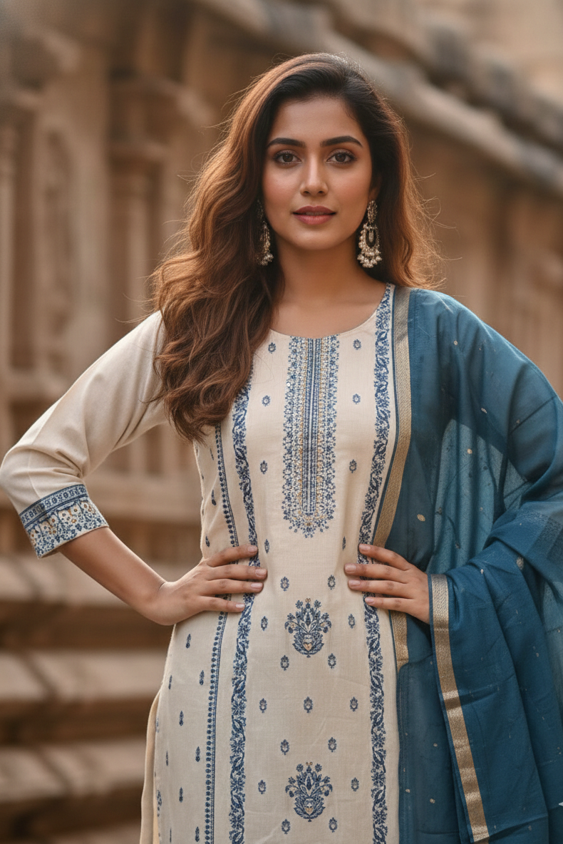 Teal Blue Ethnic Print Salwar Set (IB0277)