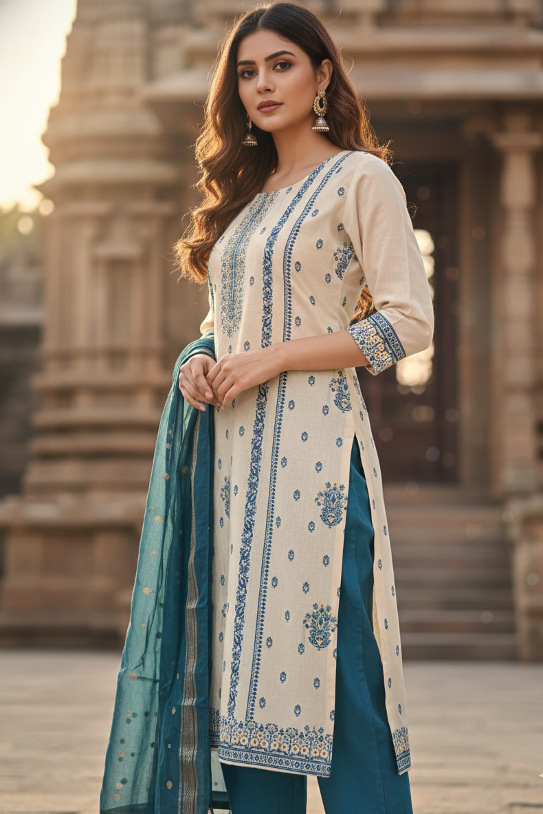 Teal Blue Ethnic Print Salwar Set (IB0277)