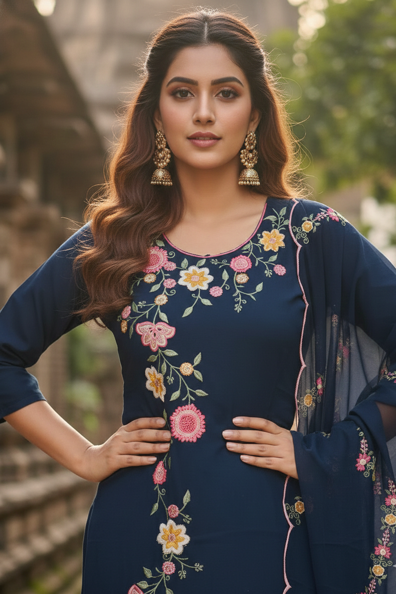 Navy Blue Floral Embroidery Kurta with Scalloped Dupatta (IB0278)