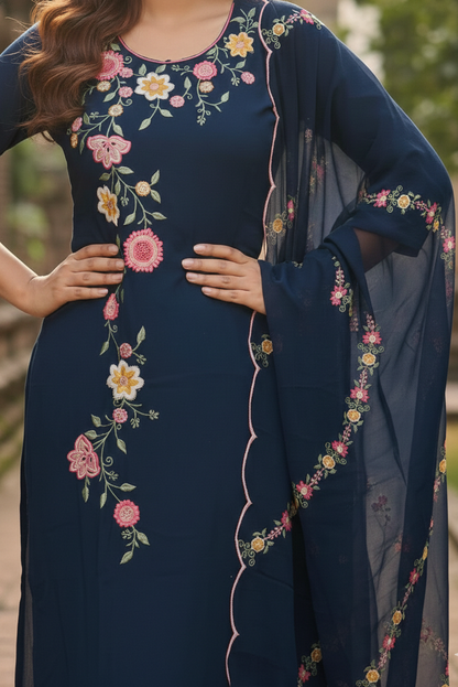 Navy Blue Floral Embroidery Kurta with Scalloped Dupatta (IB0278)