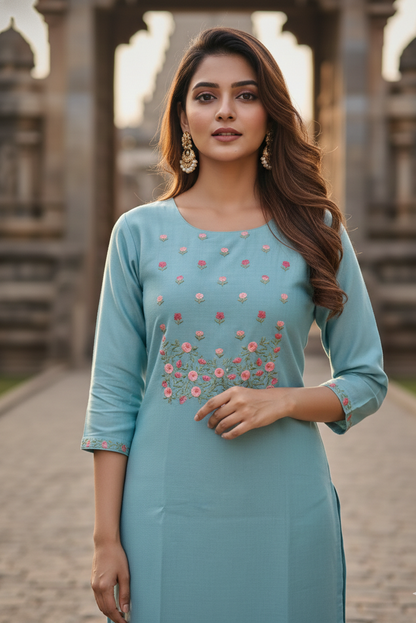 Sky Blue Floral Embroidery Salwar Set (IB0279)
