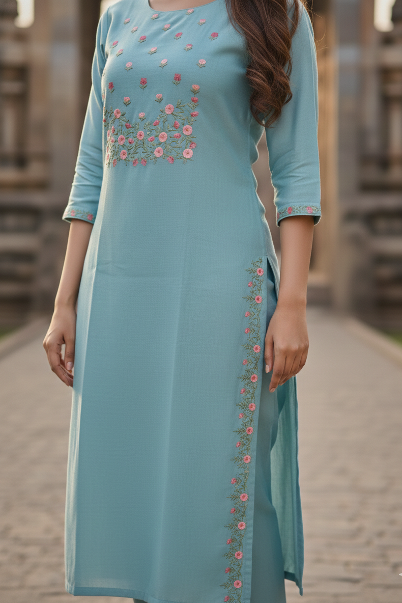 Sky Blue Floral Embroidery Salwar Set (IB0279)