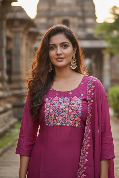 Wine Floral Yoke Embroidery Salwar Set (IB0281)