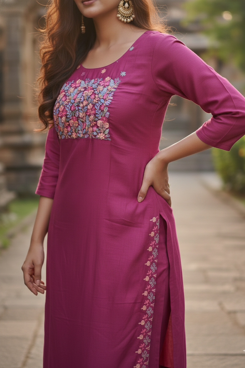 Wine Floral Yoke Embroidery Salwar Set (IB0281)