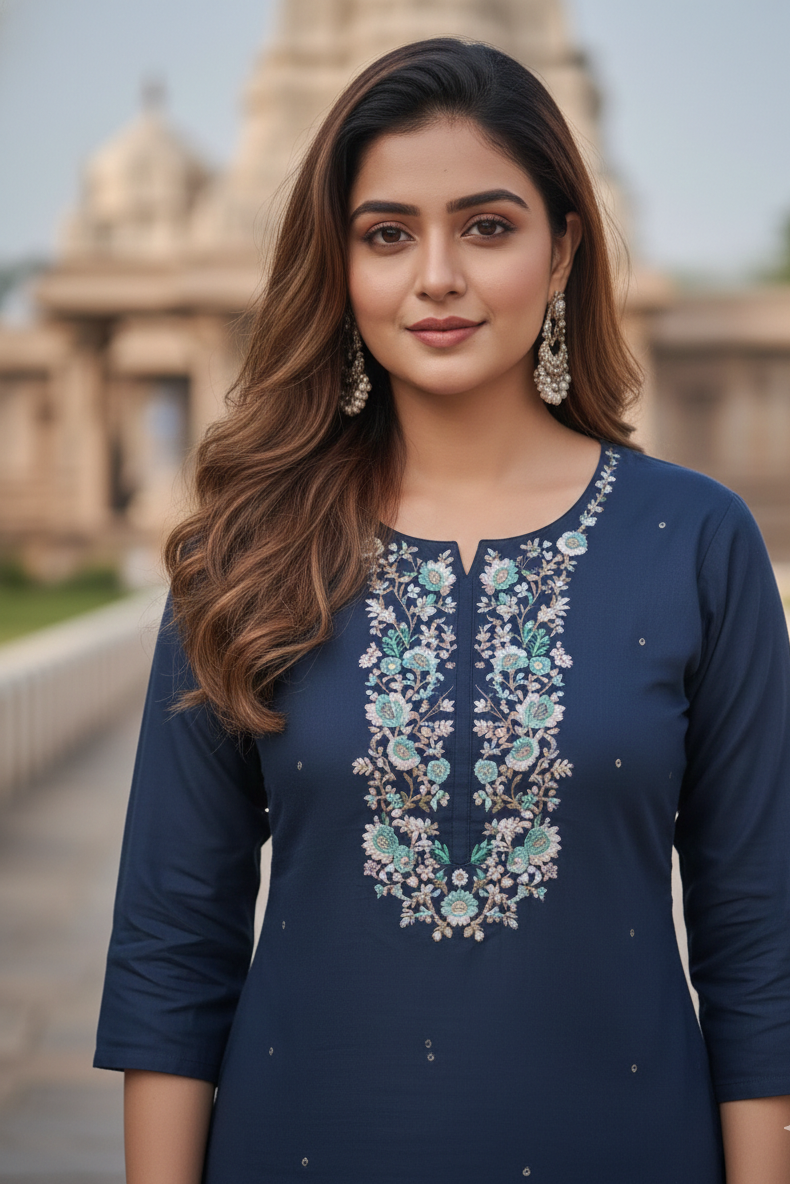 Navy Blue Embroidery Kurti Set with Seafoam Duppatta  (IB0282)