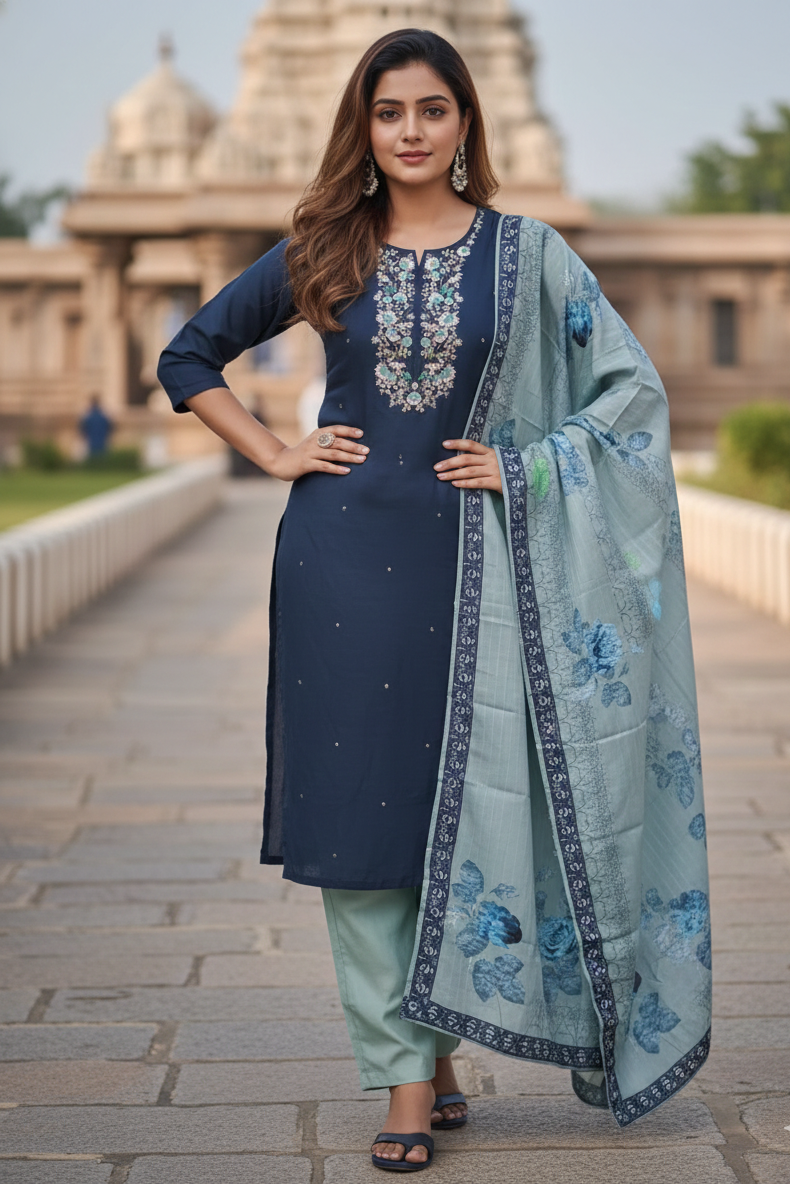 Navy Blue Embroidery Kurti Set with Seafoam Duppatta  (IB0282)