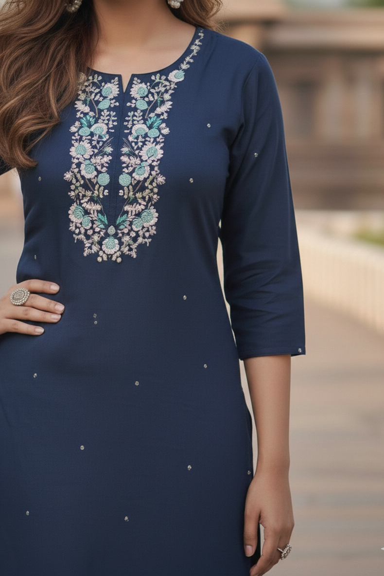 Navy Blue Embroidery Kurti Set with Seafoam Duppatta  (IB0282)