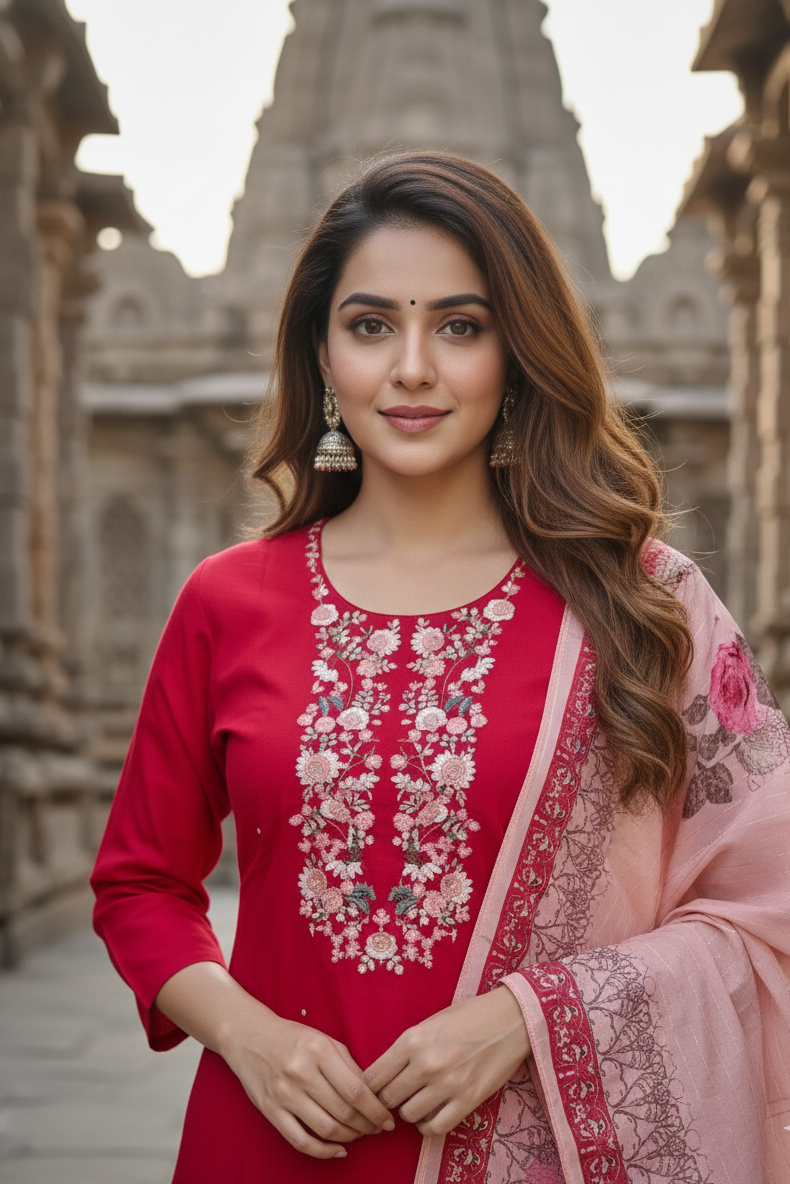 Red Kurta with Peach Floral Dupatta Set (IB0284)