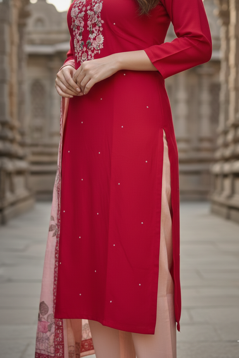 Red Kurta with Peach Floral Dupatta Set (IB0284)