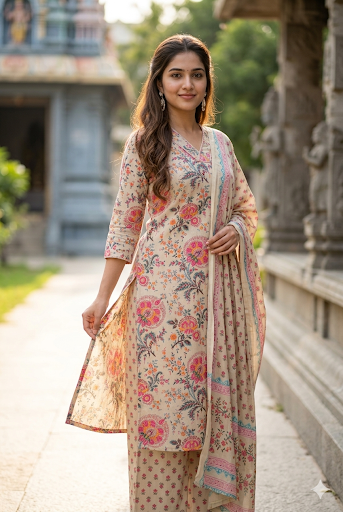 Beige & Coral Pink Floral Print Cotton Salwar Suit Set (IB0528)