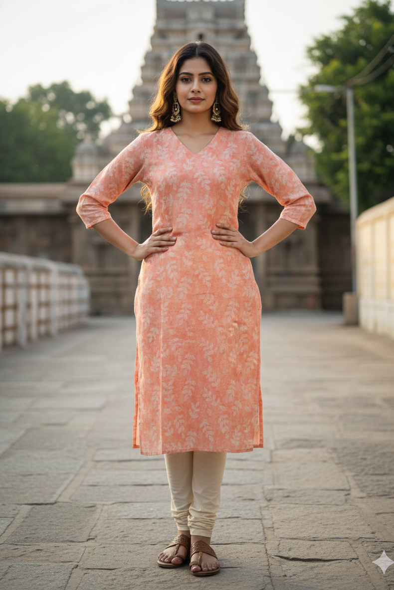 Peach Tissue White Leaf Print Kurti (IB0412)