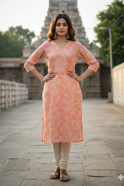 Peach Tissue White Leaf Print Kurti (IB0412)