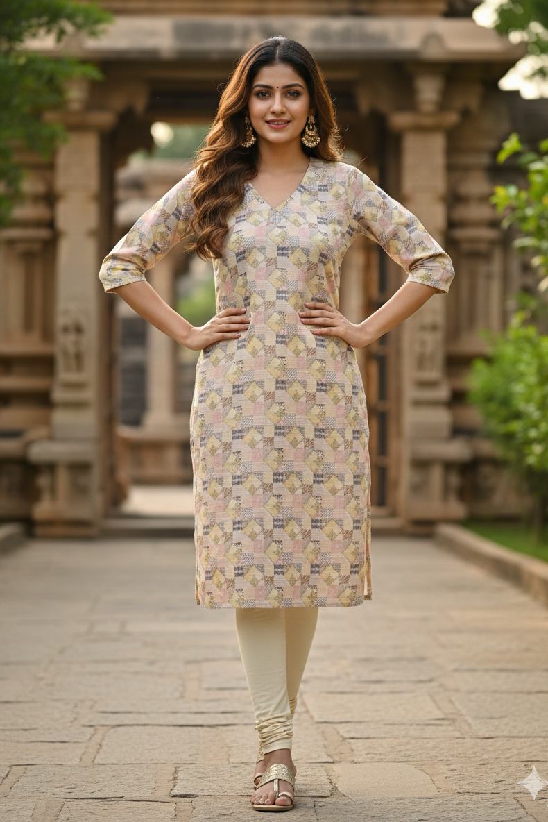 Pastel Geometric Patchwork Tissue Kurti (IB0413)