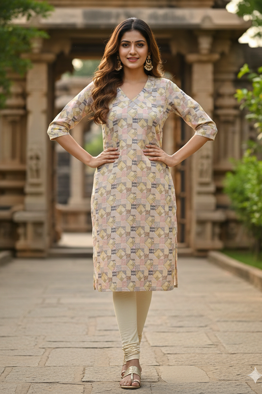Pastel Geometric Patchwork Tissue Kurti (IB0413)