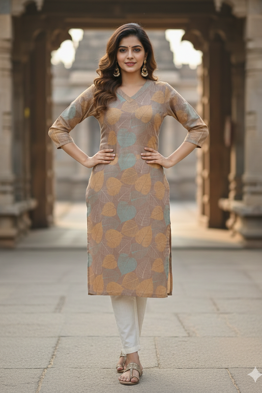 Taupe Mustard Leaf Print Tissue Kurti (IB0414)