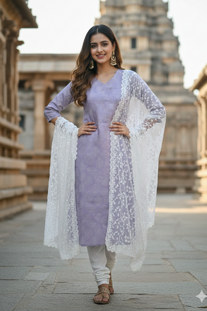 Lavender Tissue White Leaf Print Kurti (IB0415)