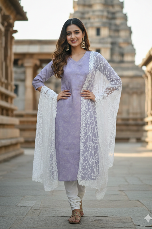 Lavender Tissue White Leaf Print Kurti (IB0415)