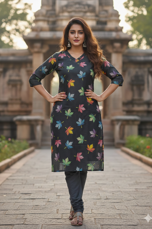 Black Multi Color Leaf Print Tissue Kurti (IB0416)
