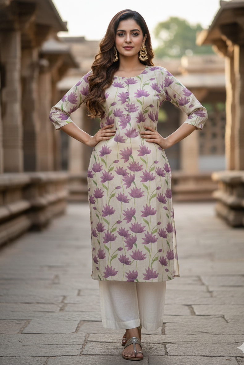 Cream Mauve Lotus Print Tissue Kurti (IB0418)