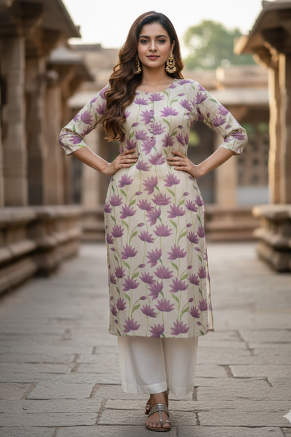Cream Mauve Lotus Print Tissue Kurti (IB0418)