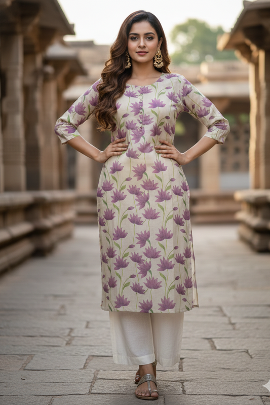 Cream Mauve Lotus Print Tissue Kurti (IB0418)