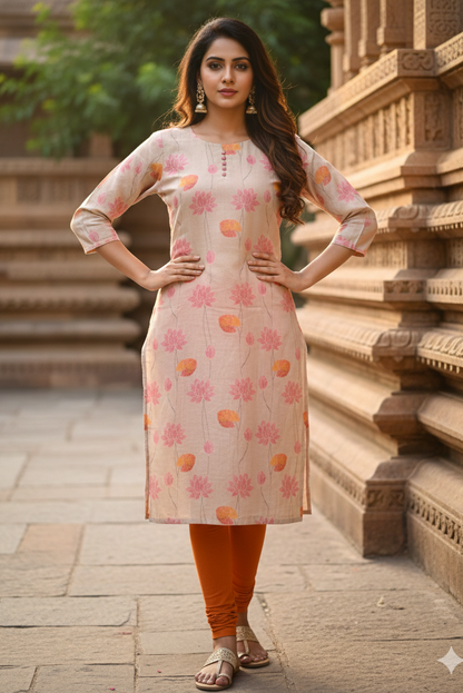 Beige Pink Lotus Print Tissue Kurti (IB0421)